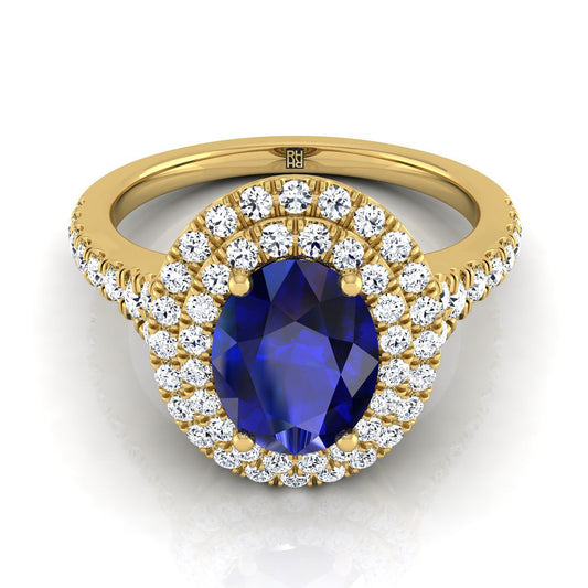 14K Yellow Gold Oval Sapphire Double Halo with Scalloped Pavé Diamond Engagement Ring -1/2ctw