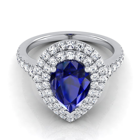 18K White Gold Pear Shape Center Sapphire Double Halo with Scalloped Pavé Diamond Engagement Ring -1/2ctw