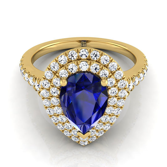 14K Yellow Gold Pear Shape Center Sapphire Double Halo with Scalloped Pavé Diamond Engagement Ring -1/2ctw