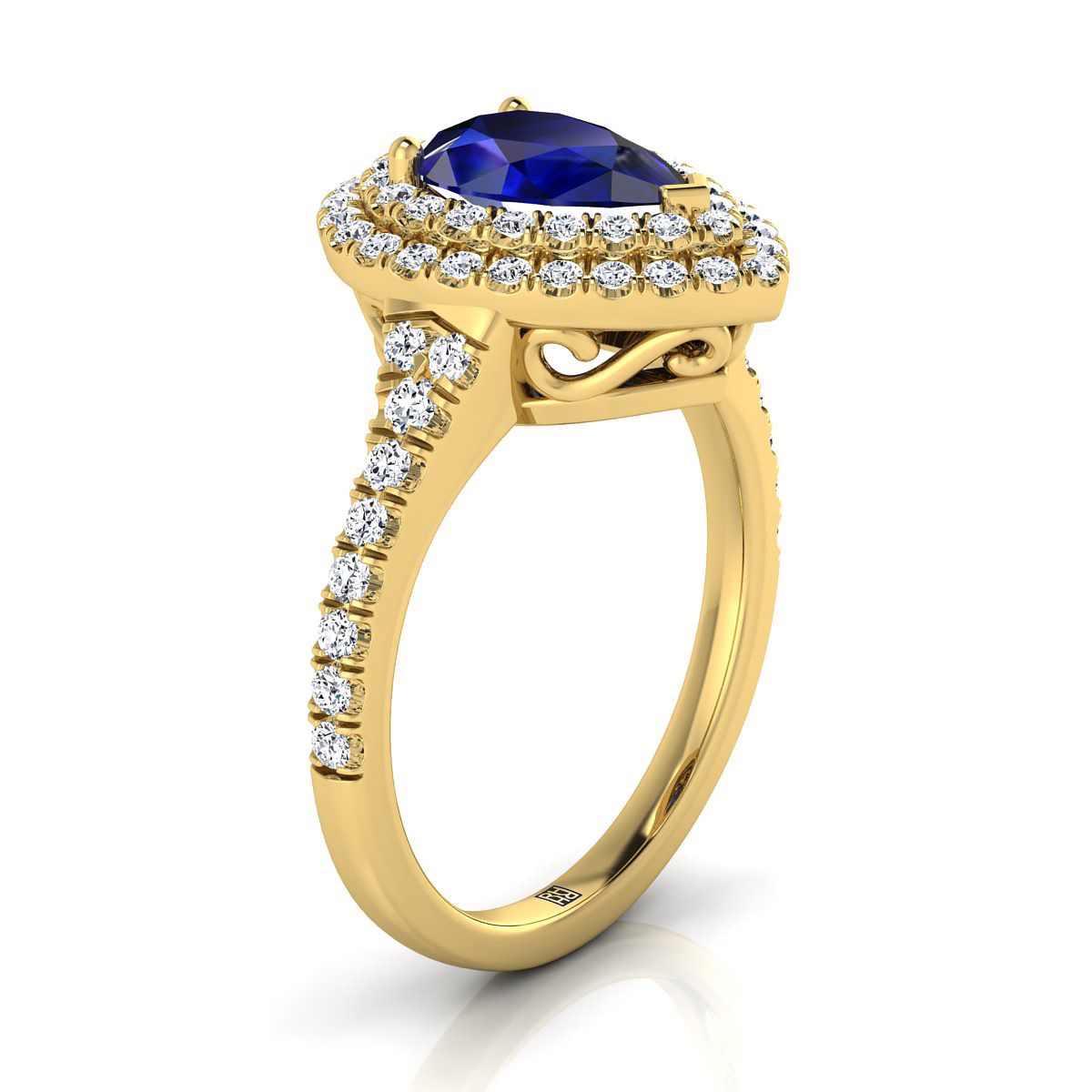 18K Yellow Gold Pear Shape Center Sapphire Double Halo with Scalloped Pavé Diamond Engagement Ring -1/2ctw