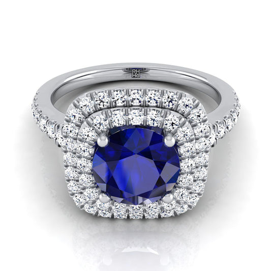 14K White Gold Round Brilliant Sapphire Double Halo with Scalloped Pavé Diamond Engagement Ring -1/2ctw
