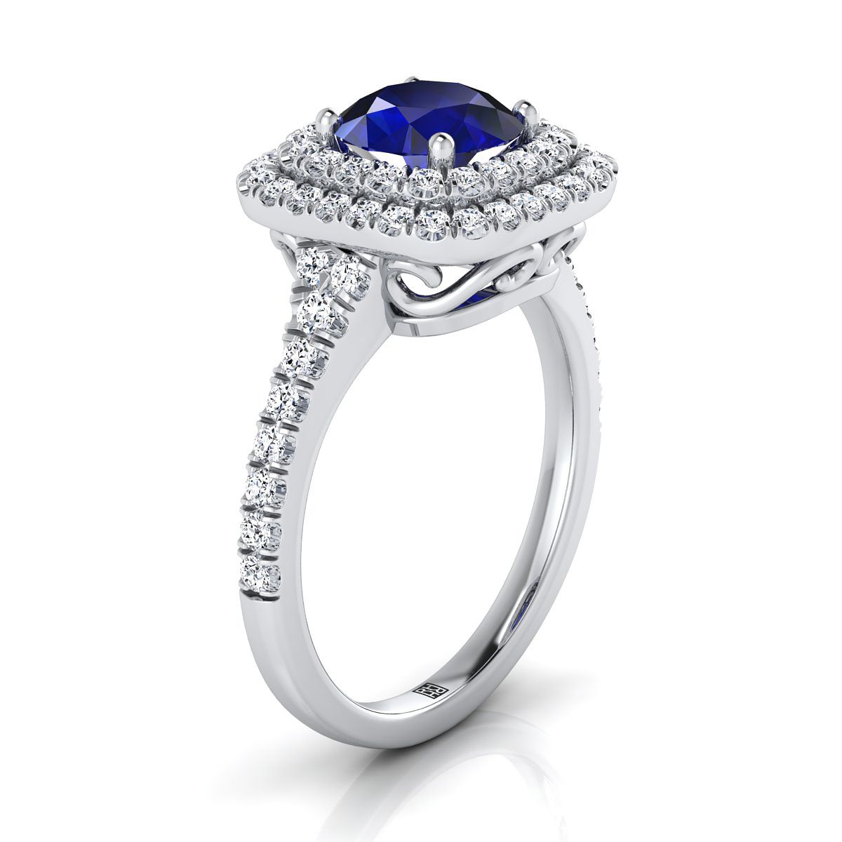18K White Gold Round Brilliant Sapphire Double Halo with Scalloped Pavé Diamond Engagement Ring -1/2ctw