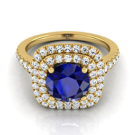 18K Yellow Gold Round Brilliant Sapphire Double Halo with Scalloped Pavé Diamond Engagement Ring -1/2ctw