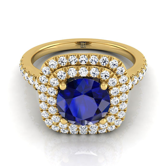 14K Yellow Gold Round Brilliant Sapphire Double Halo with Scalloped Pavé Diamond Engagement Ring -1/2ctw
