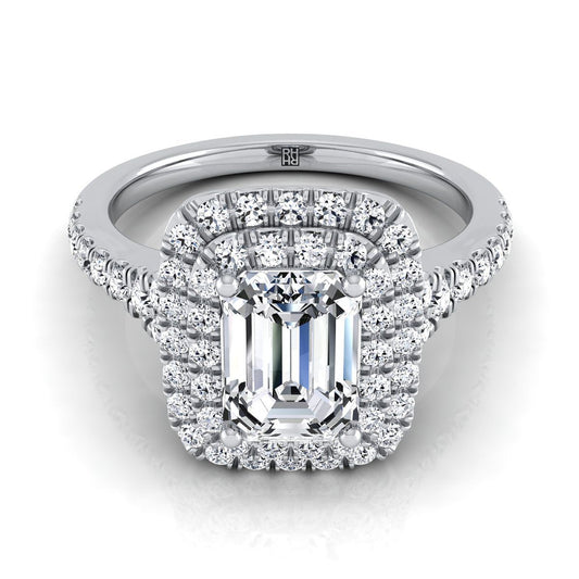 18K White Gold Emerald Cut Diamond Double Halo Scalloped Pavé Engagement Ring -1/2ctw
