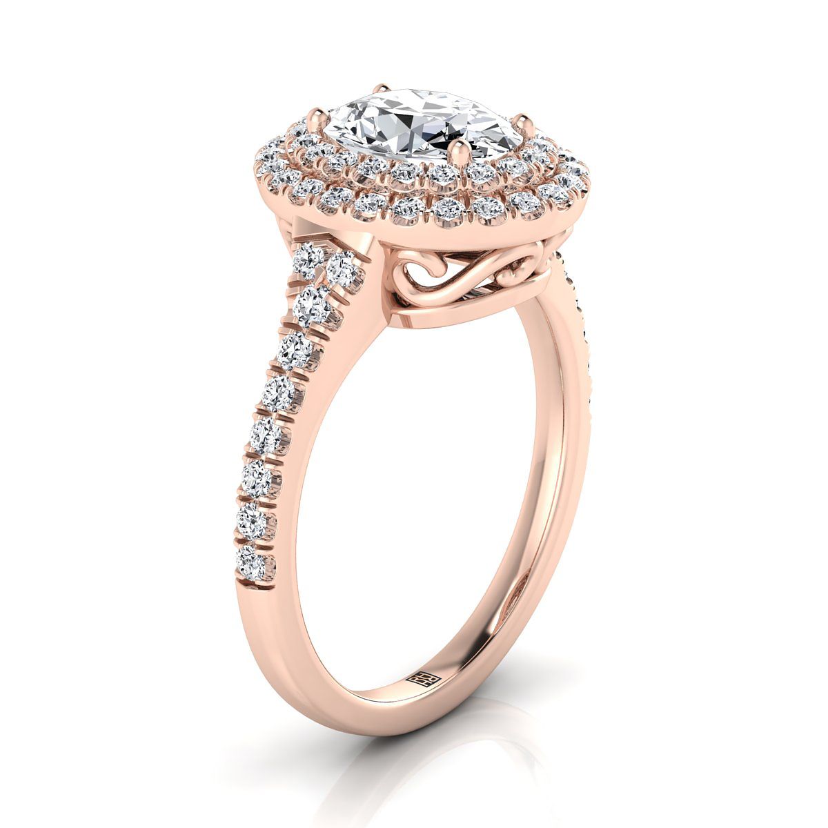 14K Rose Gold Oval Pink Sapphire Double Halo with Scalloped Pavé Diamond Engagement Ring -1/2ctw