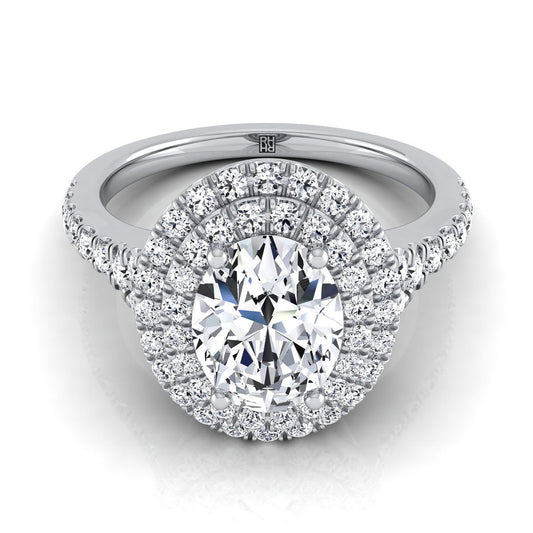 Platinum Oval Diamond Double Halo Scalloped Pavé Engagement Ring -1/2ctw