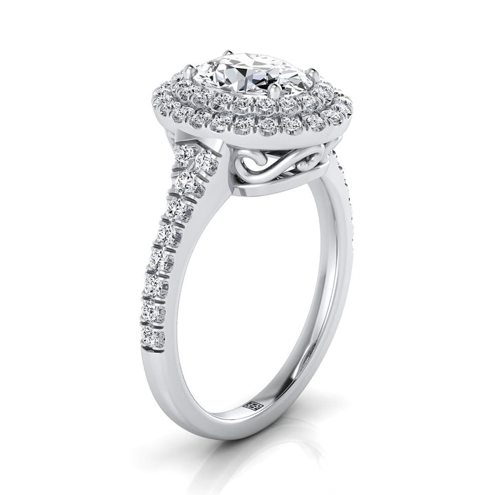 14K White Gold Oval Amethyst Double Halo with Scalloped Pavé Diamond Engagement Ring -1/2ctw