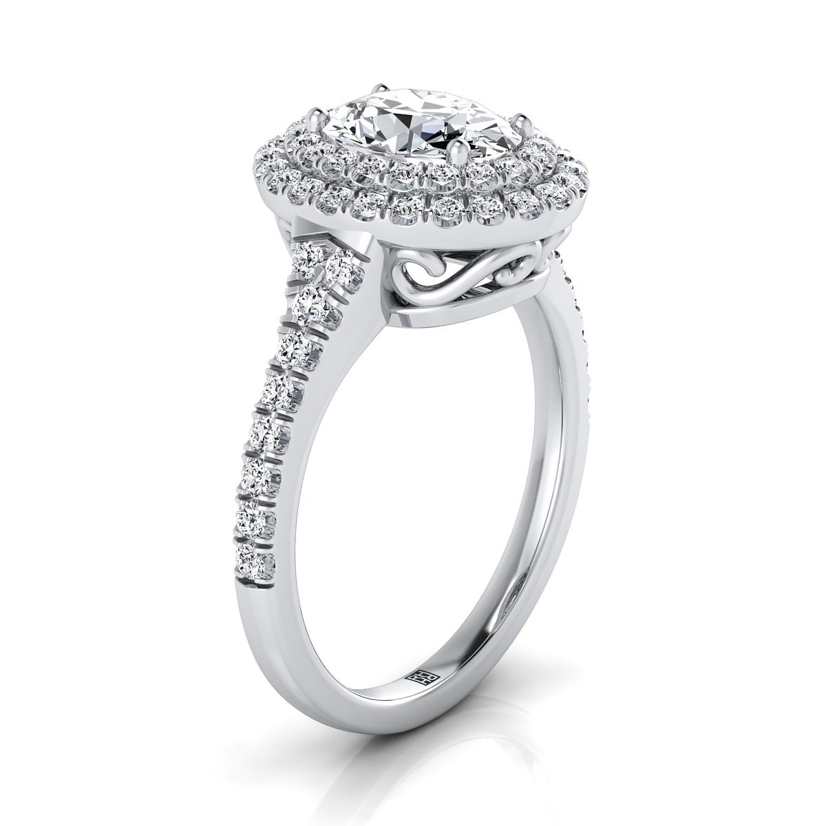 14K White Gold Oval Emerald Double Halo with Scalloped Pavé Diamond Engagement Ring -1/2ctw