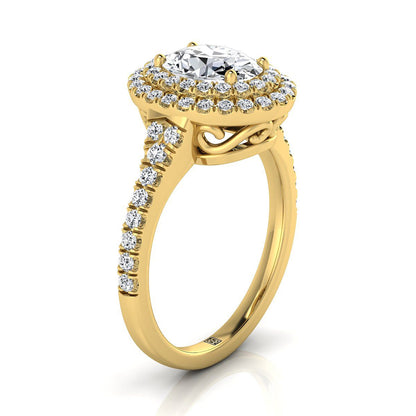 14K Yellow Gold Oval Citrine Double Halo with Scalloped Pavé Diamond Engagement Ring -1/2ctw