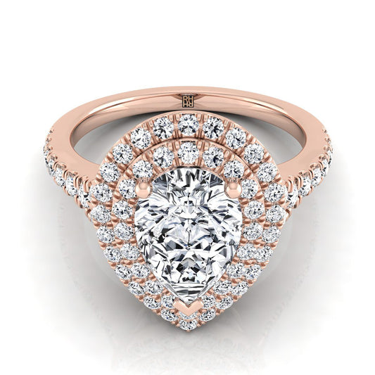 14K Rose Gold Pear Shape Center Diamond Double Halo Scalloped Pavé Engagement Ring -1/2ctw