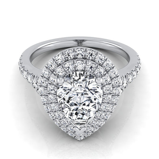Platinum Pear Shape Center Diamond Double Halo Scalloped Pavé Engagement Ring -1/2ctw