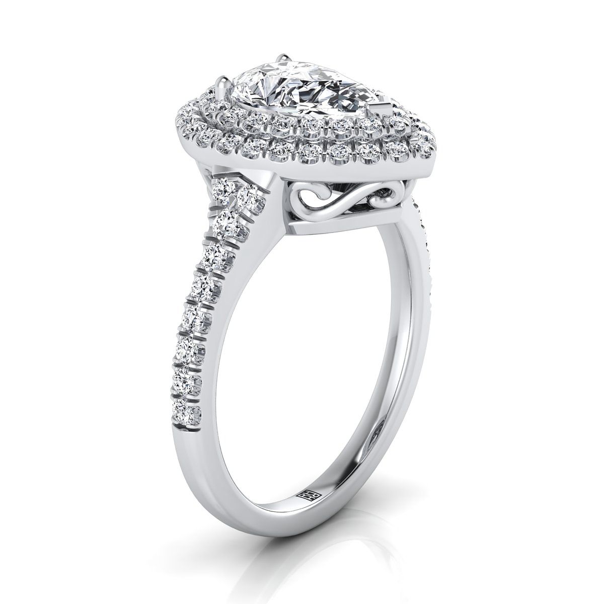 18K White Gold Pear Shape Center Diamond Double Halo Scalloped Pavé Engagement Ring -1/2ctw