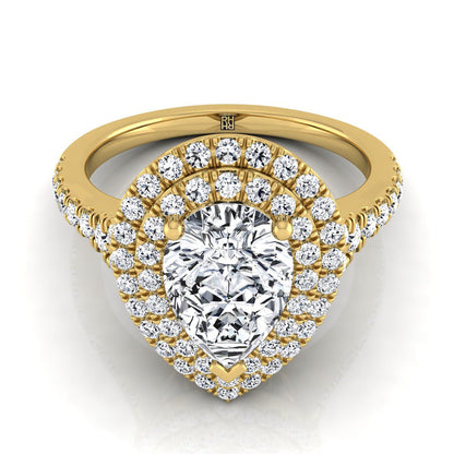 14K Yellow Gold Pear Shape Center Diamond Double Halo Scalloped Pavé Engagement Ring -1/2ctw