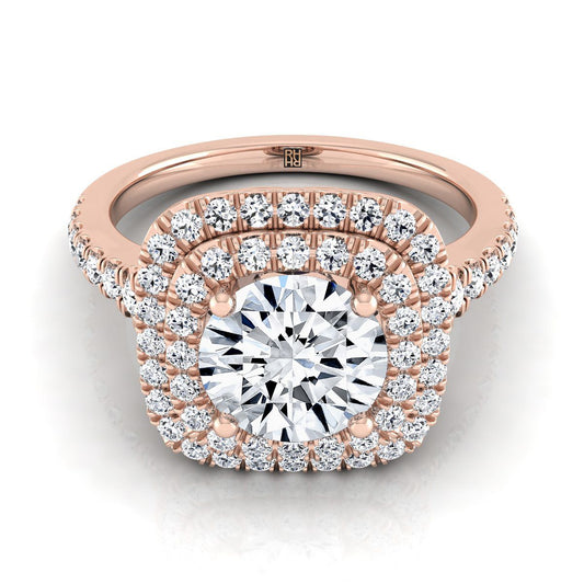 14K Rose Gold Round Brilliant Diamond Double Halo Scalloped Pavé Engagement Ring -1/2ctw