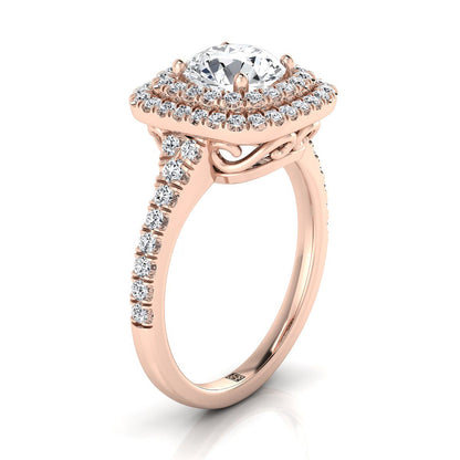 14K Rose Gold Round Brilliant Pink Sapphire Double Halo with Scalloped Pavé Diamond Engagement Ring -1/2ctw