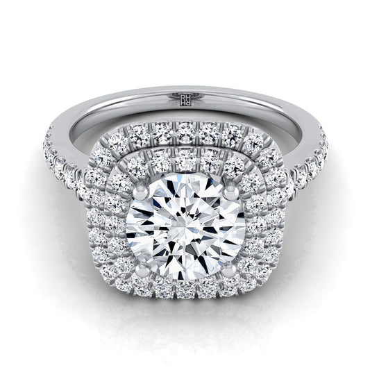 Platinum Round Brilliant Diamond Double Halo Scalloped Pavé Engagement Ring -1/2ctw