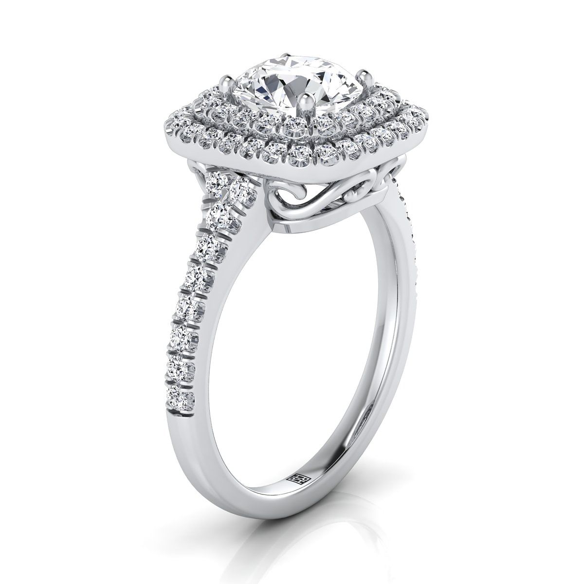 Platinum Round Brilliant Garnet Double Halo with Scalloped Pavé Diamond Engagement Ring -1/2ctw