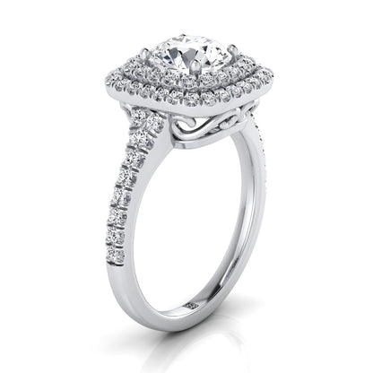 18K White Gold Round Brilliant Diamond Double Halo Scalloped Pavé Engagement Ring -1/2ctw