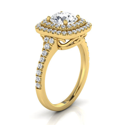 14K Yellow Gold Round Brilliant Citrine Double Halo with Scalloped Pavé Diamond Engagement Ring -1/2ctw