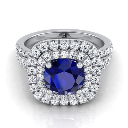 18K White Gold Round Brilliant Sapphire Four Row Split Shank Pave Double Halo Diamond Engagement Ring -7/8ctw