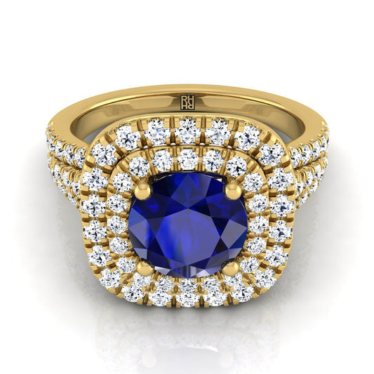 18K Yellow Gold Round Brilliant Sapphire Four Row Split Shank Pave Double Halo Diamond Engagement Ring -7/8ctw