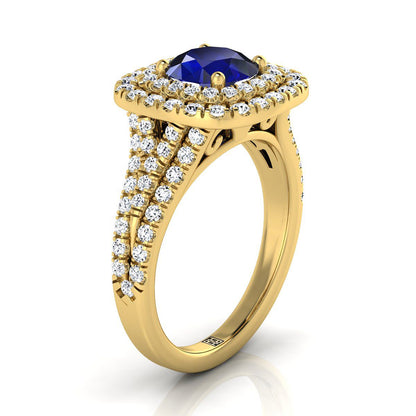 14K Yellow Gold Round Brilliant Sapphire Four Row Split Shank Pave Double Halo Diamond Engagement Ring -7/8ctw
