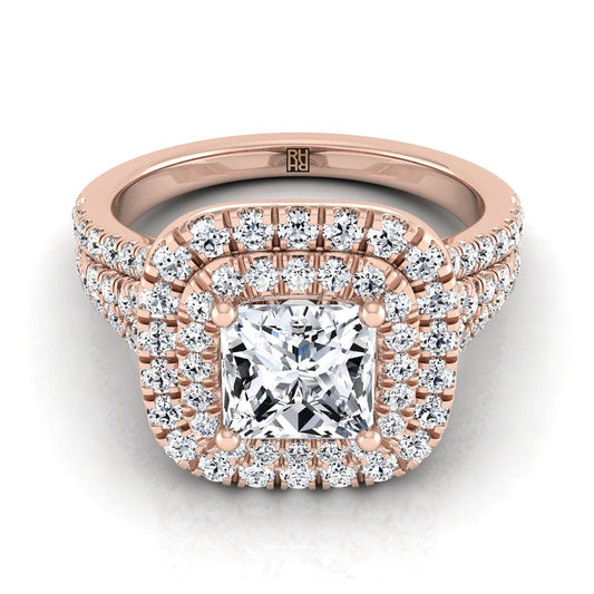 14K Rose Gold Princess Cut Diamond Four Row Split Shank Pave Double Halo Diamond Engagement Ring -7/8ctw