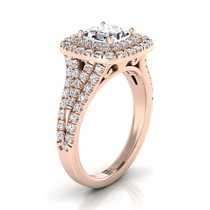 14K Rose Gold Princess Cut Diamond Four Row Split Shank Pave Double Halo Diamond Engagement Ring -7/8ctw