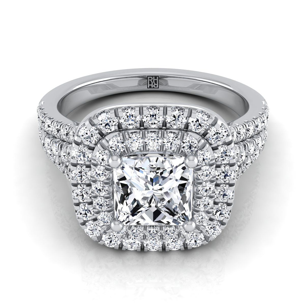 Platinum Princess Cut Diamond Four Row Split Shank Pave Double Halo Diamond Engagement Ring -7/8ctw