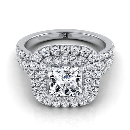 18K White Gold Princess Cut Diamond Four Row Split Shank Pave Double Halo Diamond Engagement Ring -7/8ctw