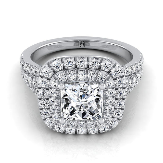 18K White Gold Princess Cut Diamond Four Row Split Shank Pave Double Halo Diamond Engagement Ring -7/8ctw