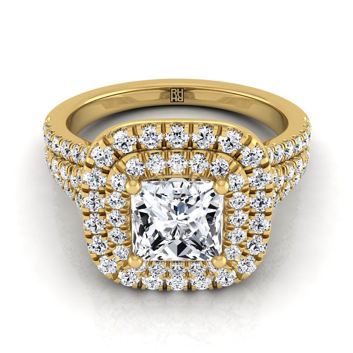 18K Yellow Gold Princess Cut Diamond Four Row Split Shank Pave Double Halo Diamond Engagement Ring -7/8ctw
