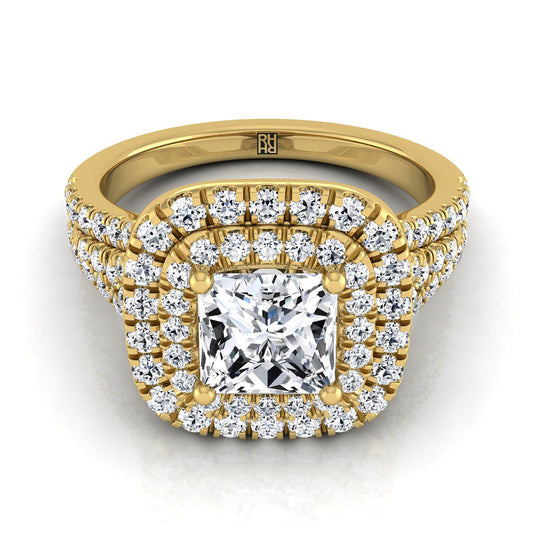 14K Yellow Gold Princess Cut Diamond Four Row Split Shank Pave Double Halo Diamond Engagement Ring -7/8ctw