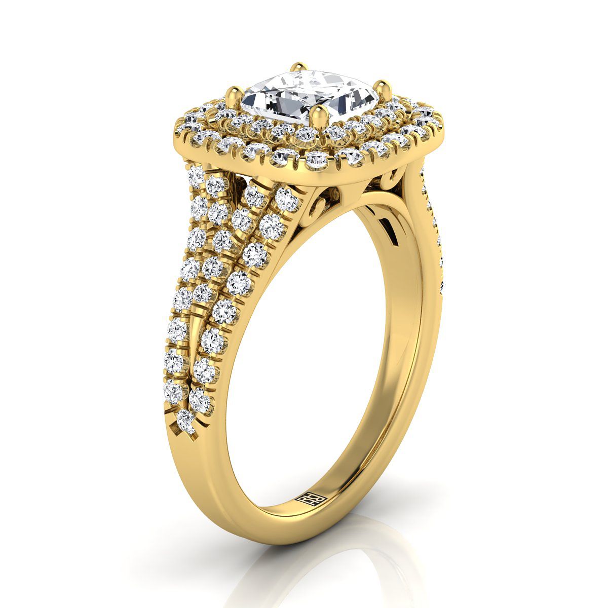 18K Yellow Gold Princess Cut Diamond Four Row Split Shank Pave Double Halo Diamond Engagement Ring -7/8ctw