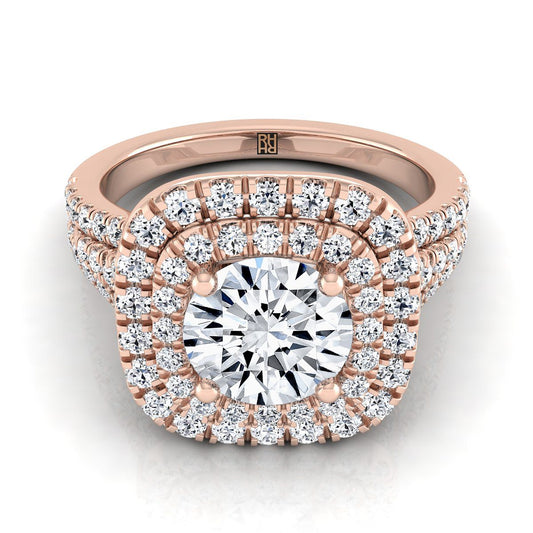 14K Rose Gold Round Brilliant Diamond Four Row Split Shank Pave Double Halo Diamond Engagement Ring -7/8ctw