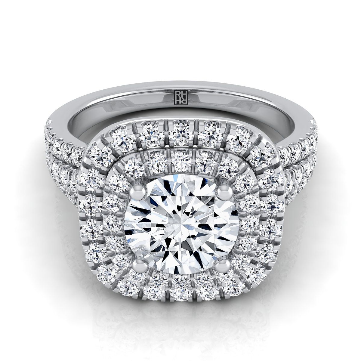 Platinum Round Brilliant Diamond Four Row Split Shank Pave Double Halo Diamond Engagement Ring -7/8ctw