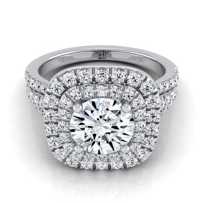 18K White Gold Round Brilliant Diamond Four Row Split Shank Pave Double Halo Diamond Engagement Ring -7/8ctw