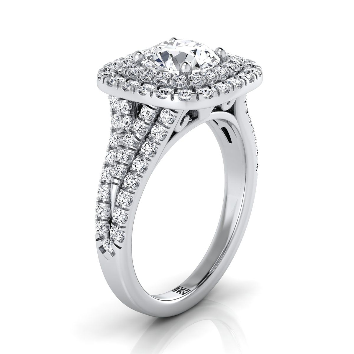 18K White Gold Round Brilliant Diamond Four Row Split Shank Pave Double Halo Diamond Engagement Ring -7/8ctw