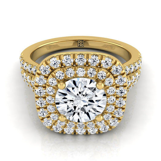 18K Yellow Gold Round Brilliant Diamond Four Row Split Shank Pave Double Halo Diamond Engagement Ring -7/8ctw