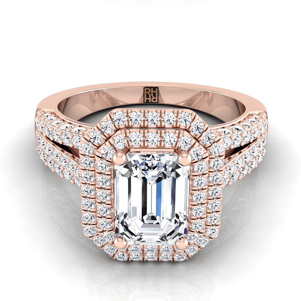 14K Rose Gold Emerald Cut Extraordinary Three Tier Diamond Halo Crown Engagement Ring -7/8ctw