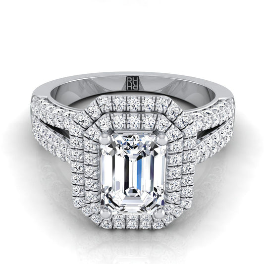 18K White Gold Emerald Cut Extraordinary Three Tier Diamond Halo Crown Engagement Ring -7/8ctw