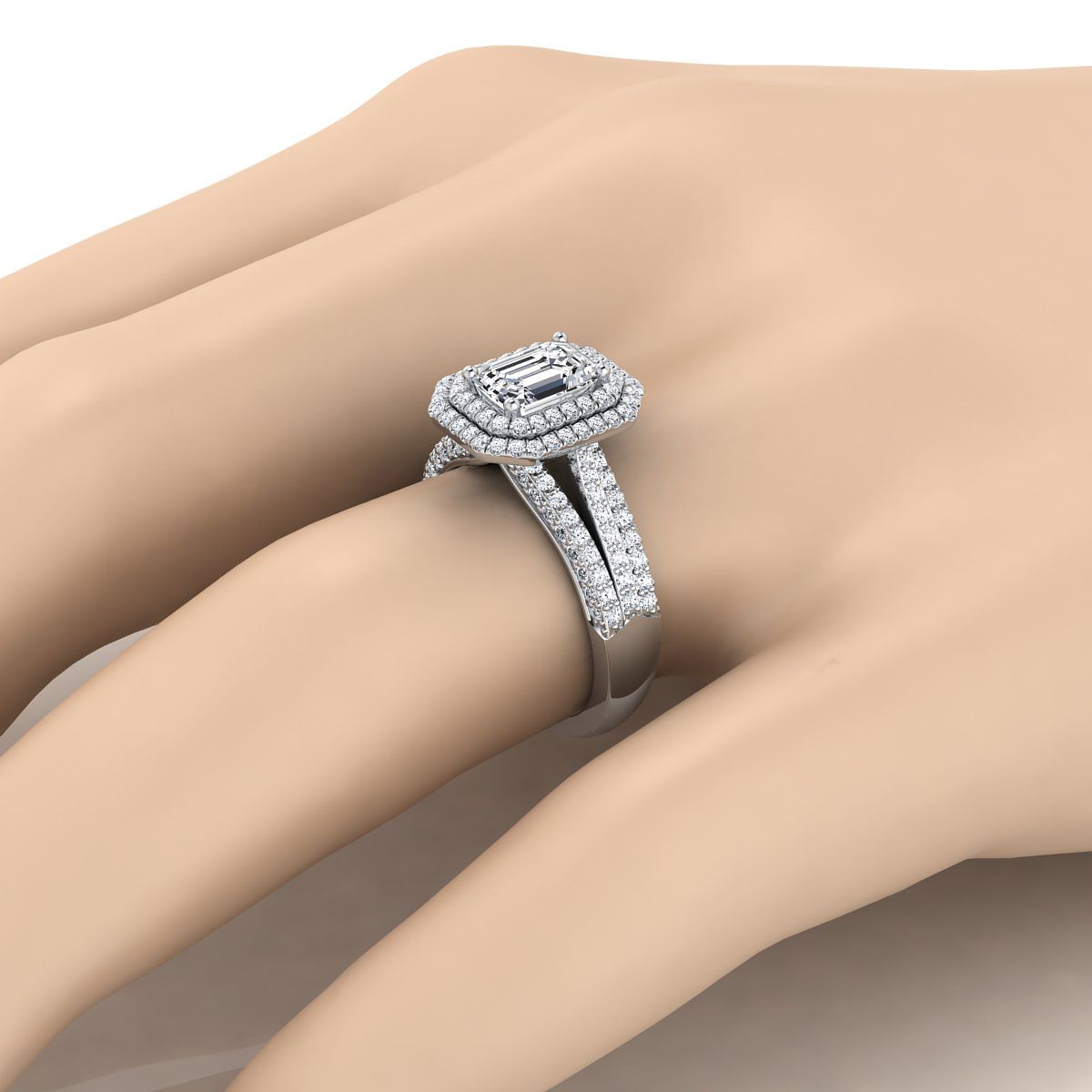 18K White Gold Emerald Cut Extraordinary Three Tier Diamond Halo Crown Engagement Ring -7/8ctw