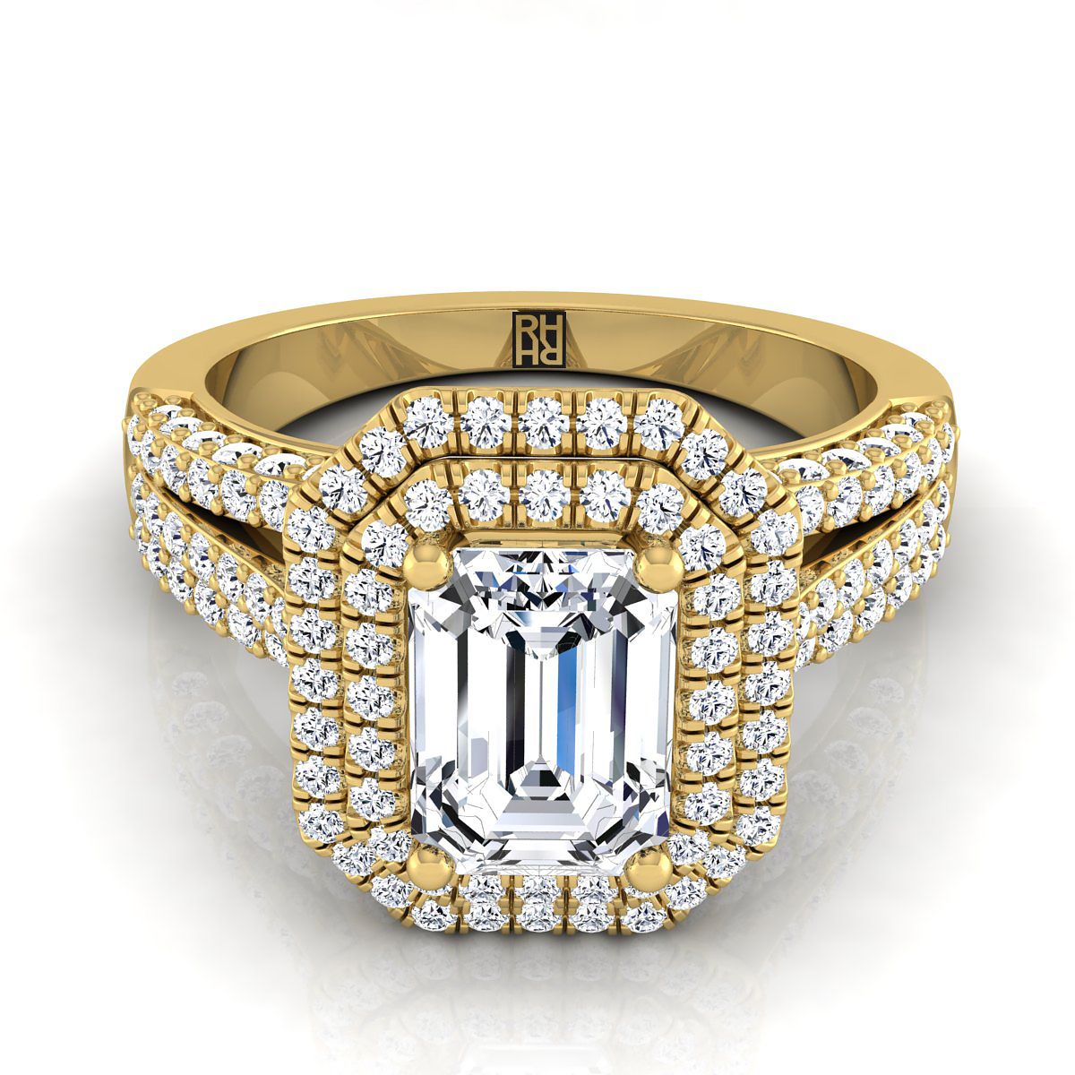 14K Yellow Gold Emerald Cut Extraordinary Three Tier Diamond Halo Crown Engagement Ring -7/8ctw