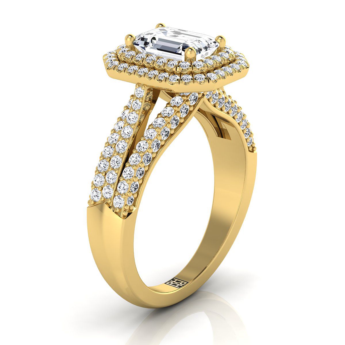 14K Yellow Gold Emerald Cut Extraordinary Three Tier Diamond Halo Crown Engagement Ring -7/8ctw