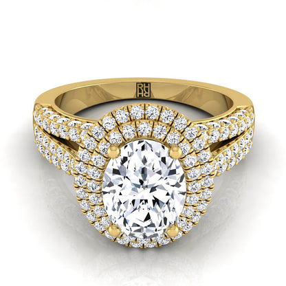 18K Yellow Gold Oval Extraordinary Three Tier Diamond Halo Crown Engagement Ring -7/8ctw