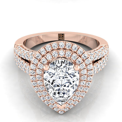 14K Rose Gold Pear Shape Center Extraordinary Three Tier Diamond Halo Crown Engagement Ring -7/8ctw