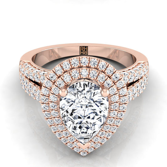 14K Rose Gold Pear Shape Center Extraordinary Three Tier Diamond Halo Crown Engagement Ring -7/8ctw