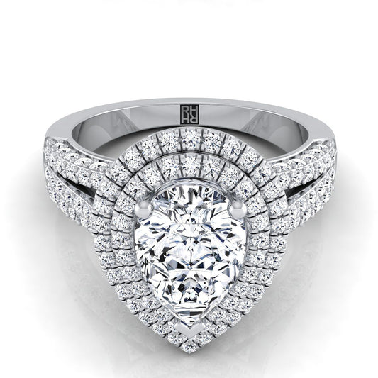 Platinum Pear Shape Center Extraordinary Three Tier Diamond Halo Crown Engagement Ring -7/8ctw