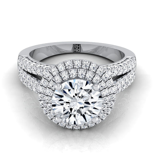 18K White Gold Round Brilliant Extraordinary Three Tier Diamond Halo Crown Engagement Ring -7/8ctw